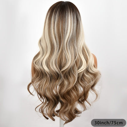 Synthetic Wig 30-Inch Water-Wave Curls with Brown Highlights, Middle Part and Rose Net Cap