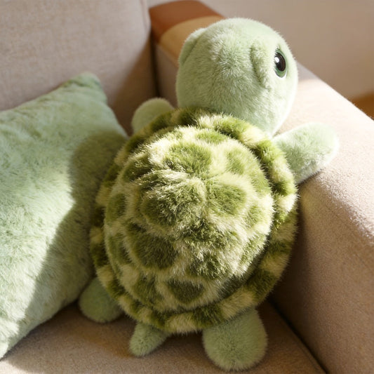 Stuffed Animal Big-Eye Turtle Pillow in 15.75-Inch Size with Melancholy Face and Soft Plush Fabric