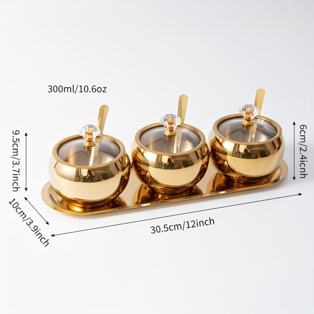 Stainless Steel Spice Jar Set with Tray and Spoon Golden Seasoning Containers for Salt Pepper Coffee Kitchen Organizer 2 or 3 Piece