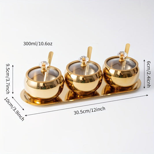Stainless Steel Spice Jar Set with Tray and Spoon Golden Seasoning Containers for Salt Pepper Coffee Kitchen Organizer 2 or 3 Piece