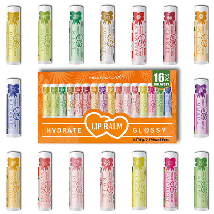 Lip Balm 16-Piece Assorted Flavor Set with Glossy Twist-Up Tubes and Orange Display Box Packaging