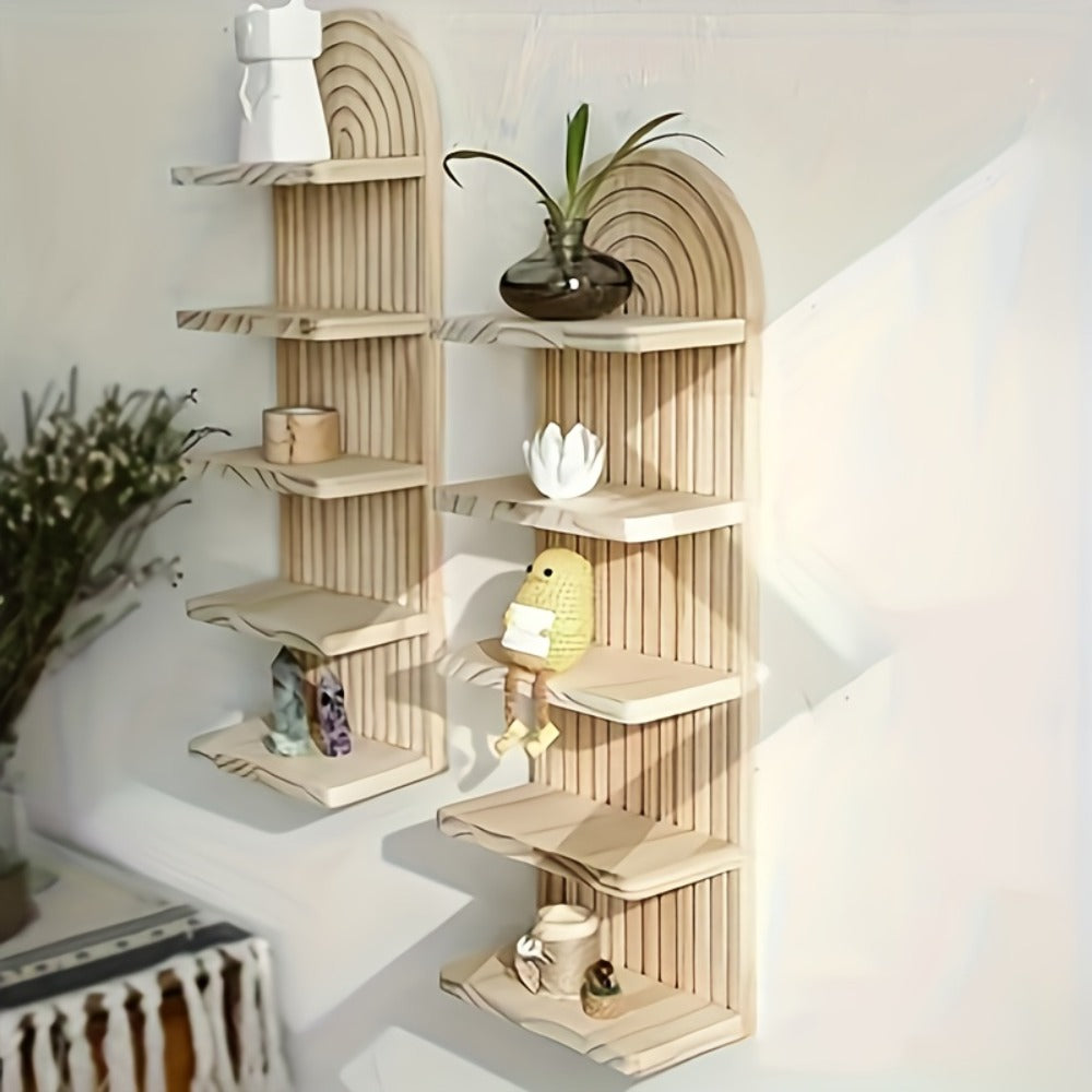Oval Wood Wall Shelf with Arched Slat Frame, Horizontal Display Tiers and Three- or Five-Tier Options