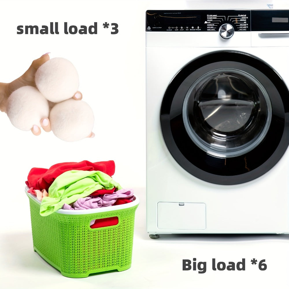 Six-Piece XL Wool Dryer Ball Set with Drawstring Storage Bag and 2.75-Inch White Felted Balls