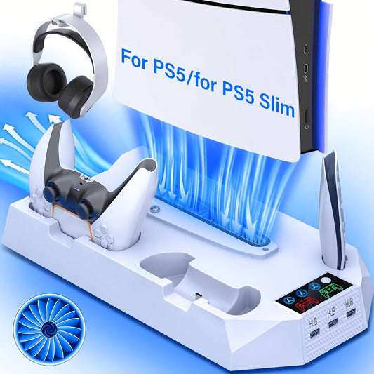 PS5 Cooling Station with Controller Charging Dock - Compatible with PS5 Slim Pro Standard Disc Digital, Dual Controller Charger Turbo Fan 3-Port USB Hub Headset Holder All-in-One PS5 Accessory