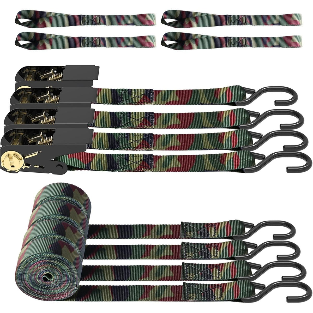 Ratchet Tie Down Straps 4-Pack 15FT 1,500 lb Break Strength Heavy Duty with Soft Loops & Storage Bag – High-Visibility Webbing for Motorcycle ATV Kayak Truck Bed Trailer Roof Rack