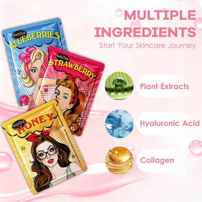 Rose Honey Strawberry Face Mask Set Eye Lip Masks Moisturizing Fruit Extract All Skin Types Skincare Gift Set 32pcs / 60pcs
