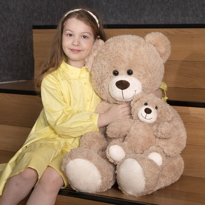 Stuffed Animal Mommy and Baby Teddy Bear Two-Piece Set in Light Brown with Large Cuddly Design