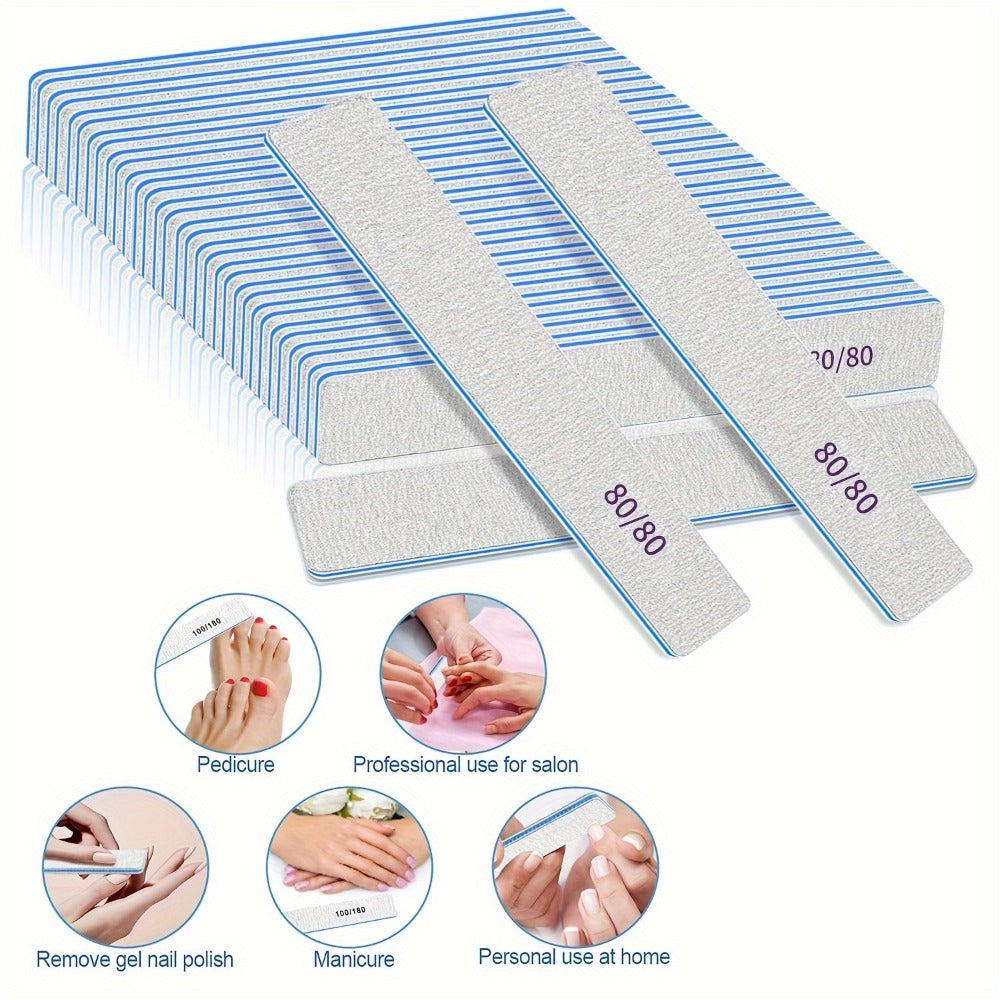 50-Piece Double-Sided Nail File Set in 80/80, 100/100 or 100/180 Grit Options for Acrylic and Gel Nails