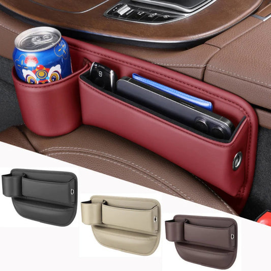 Car Seat Gap Organizer PU Leather – Side Filler Storage Box with Phone, Card, Key & Cup Holder, Non-Slip, Universal Fit, Front Seat Gap Pocket, 1pc or 2pc Set