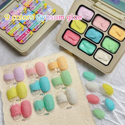 Plaster Texture Nail Art Gel Nine-Color Pastel Palette in a Compact Metal Case for Raised Sculpted Designs