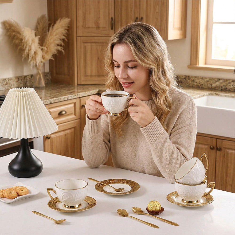 Espresso Cups Set 12 Pcs – 7.44 Oz Small Ceramic Cappuccino Cup Set with 6 Cups, 6 Trays & 6 Spoons – Elegant Coffee & Tea Cup Set with Handles – Perfect Gift for Coffee Lovers