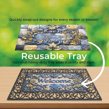 Decorative Entrance Mat System with Scrollwork Base, Removable Printed Insert and Full 17.72-by-29.53-Inch Option
