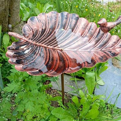 Sculpted Big-Leaf Bird Bath with Ground Stake in Single or Two-Piece Options for Garden Use