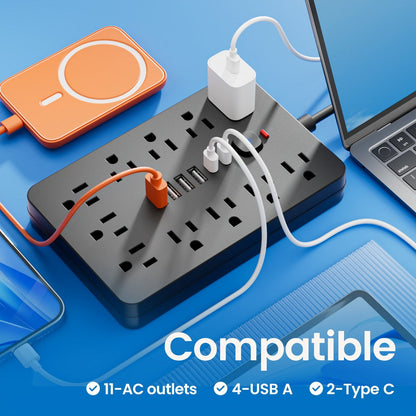 Power Strip 17-in-1 Flat-Plug Surge Protector with 11 AC Outlets, 4 USB-A, 2 USB-C and Spacious Outlet Layout