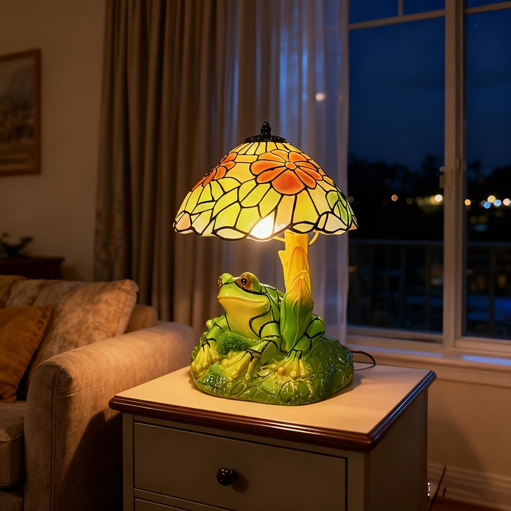 Table Lamp with 3D Frog Base, Floral Art-Glass Shade and Single Corded Decorative Design for Bedside Decor