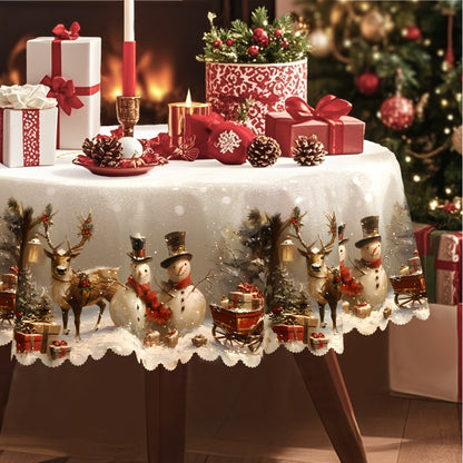Christmas Tablecloth Vintage Snowman Reindeer Christmas Tree Red Holiday Table Cover for Rectangular Round Oval Tables Durable Polyester Fabric Party Home Restaurant Decorations