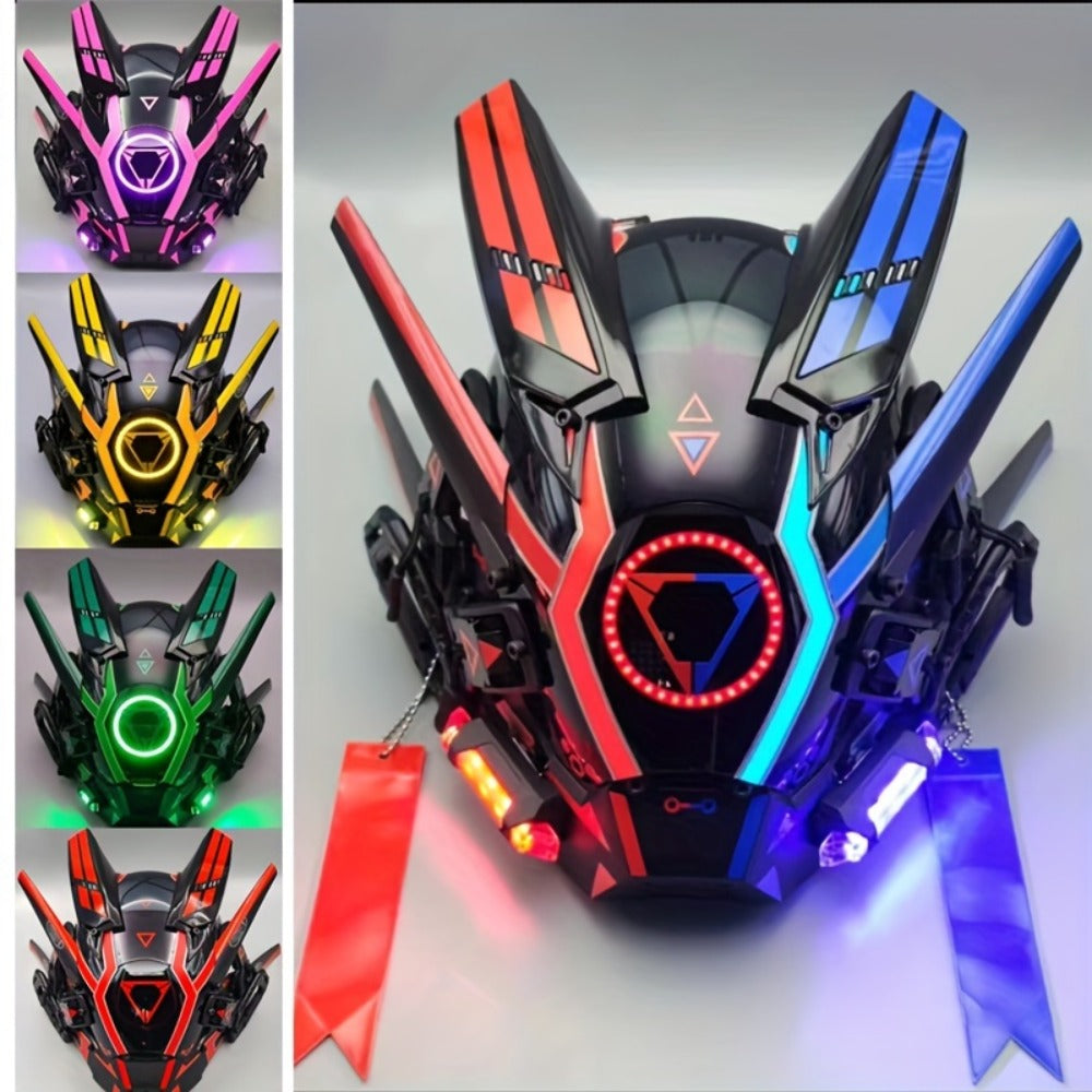 LED Luminous Punk Mask Unisex – Round Light Mechanical Glow Face Mask for Music Festival, Halloween, Christmas, Cosplay & Rave Party, 5 Colors Yellow Green White Red Blue, Adult Gift