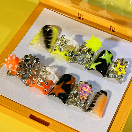 Y2K Duckbill Press On Nails Handmade 3D Charm – Nightmare Eye Barbell Rhinestone Strobe Gradient Star False Nails for Women Girls | Edgy Festival Party Nail Art | S M L Sizes Pink Yellow