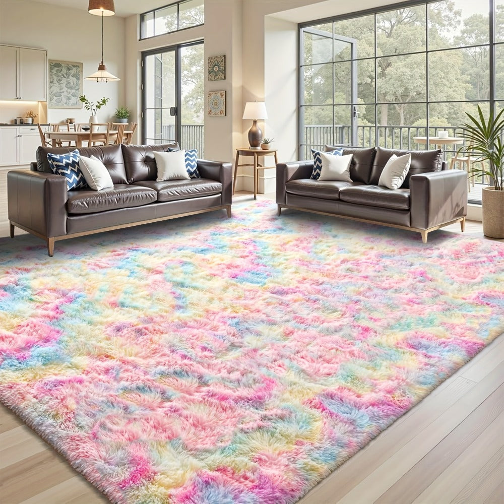 Shaggy Area Rug Soft Plush Fuzzy Carpet Non-Slip Tie-Dye Design for Bedroom Living Room Nursery Dorm — Pet Friendly Machine Washable Multiple Sizes & Colors