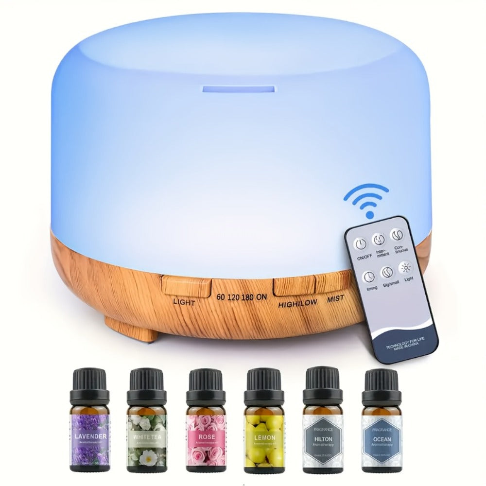 Ultrasonic Essential Oil Diffuser with Remote Control, Seven-Color Light and 300 ml or 500 ml Capacity