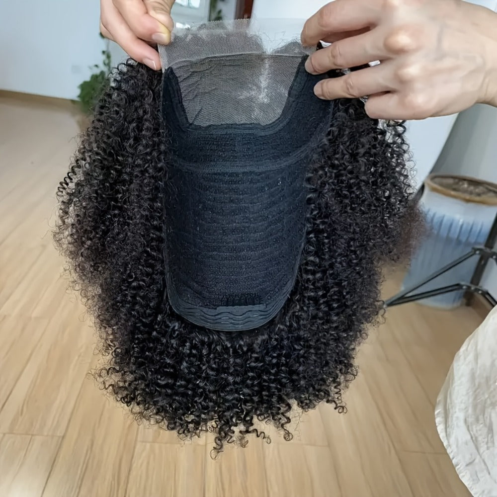 Lace Front Wig Kinky-Curly Human Hair, 8-26 Inch Natural Black with 4x4 Closure and 150% Density