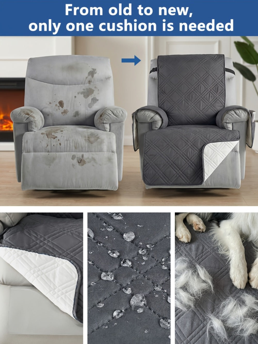 Quilted One-Piece Recliner Chair Cover with Side Pocket, Back Strap and Six Solid Color Options