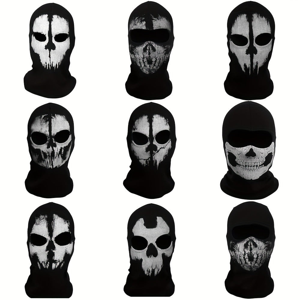 Printed Skull Balaclava Mask in Two Black Designs, Full-Face Stretch Fabric for Adult Costume Wear