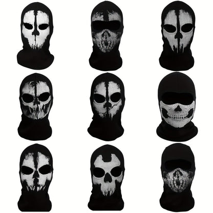 Printed Skull Balaclava Mask in Two Black Designs, Full-Face Stretch Fabric for Adult Costume Wear