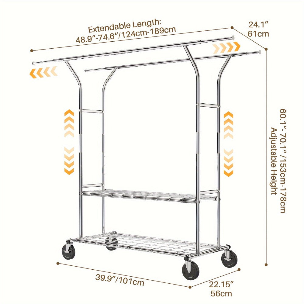 Double-Rod Rolling Garment Rack with Telescoping Extensions, Two Wire Shelves and 74.6-Inch Width