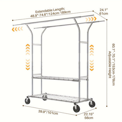 Double-Rod Rolling Garment Rack with Telescoping Extensions, Two Wire Shelves and 74.6-Inch Width