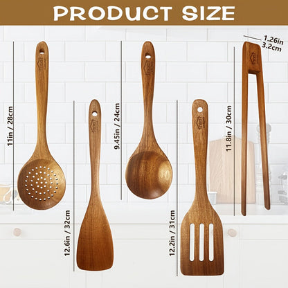 Wooden Kitchen Utensils Set 3/5/7Pcs – Natural Wood Spoons, Spurtle, Ladle & Wok Spatulas for Non-Stick Pans | Heat Resistant, Ergonomic Handle, Easy to Clean