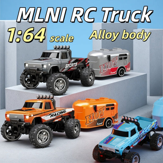 Mini RC Off-Road Truck with Trailer 1:64 Scale Die-Cast Remote Control Car – 2.4GHz Climbing Vehicle with Lights Rechargeable Adjustable Speed | Pocket-Sized RC Toy for Boys | Best Birthday Christmas Gift