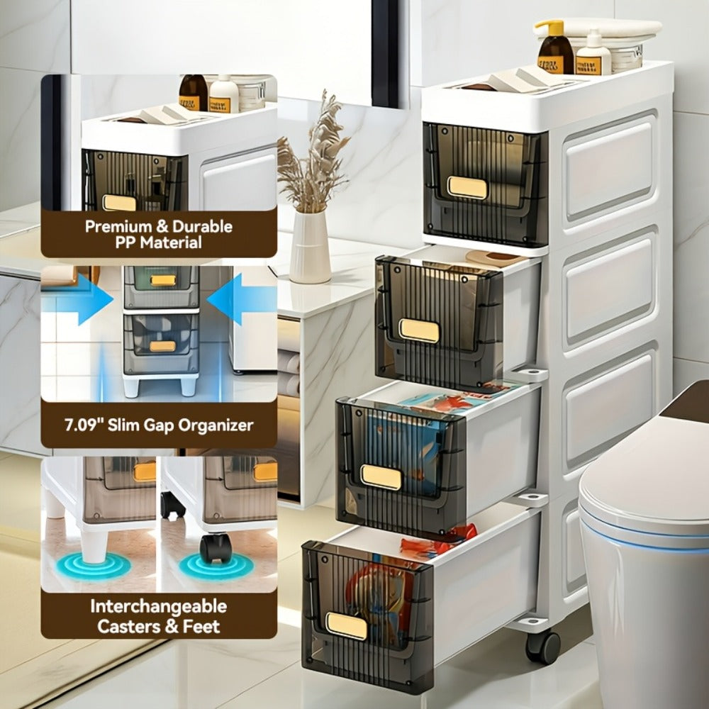 Storage Cabinet Slim PP Drawer Tower with Wheels, Pull-Out Bins and Three, Four or Five Layers