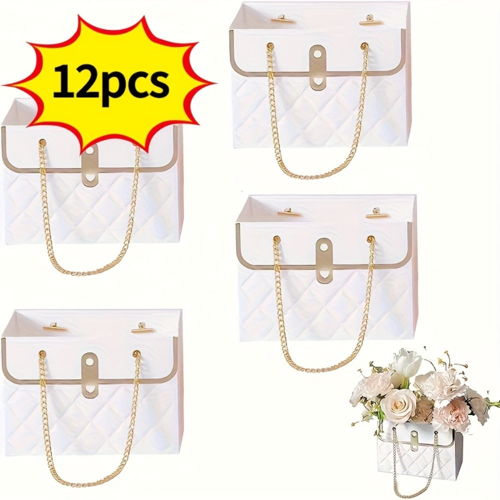 Paper Flower Bouquet Gift Bags with Metal Chain Handles in Black, Pink, White or Mixed Colors, 12–48 Pack Options