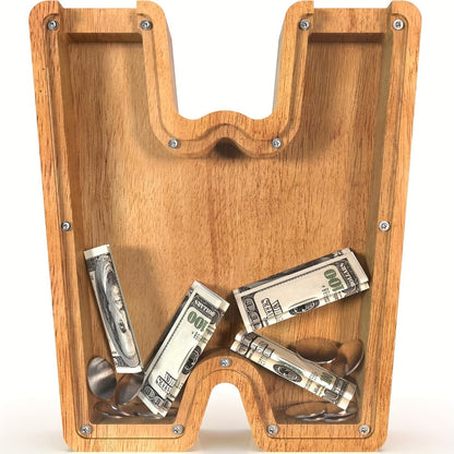 Wooden Alphabet Letter Coin Bank with Clear Front Panel and 23 Fixed Initial Options for Display