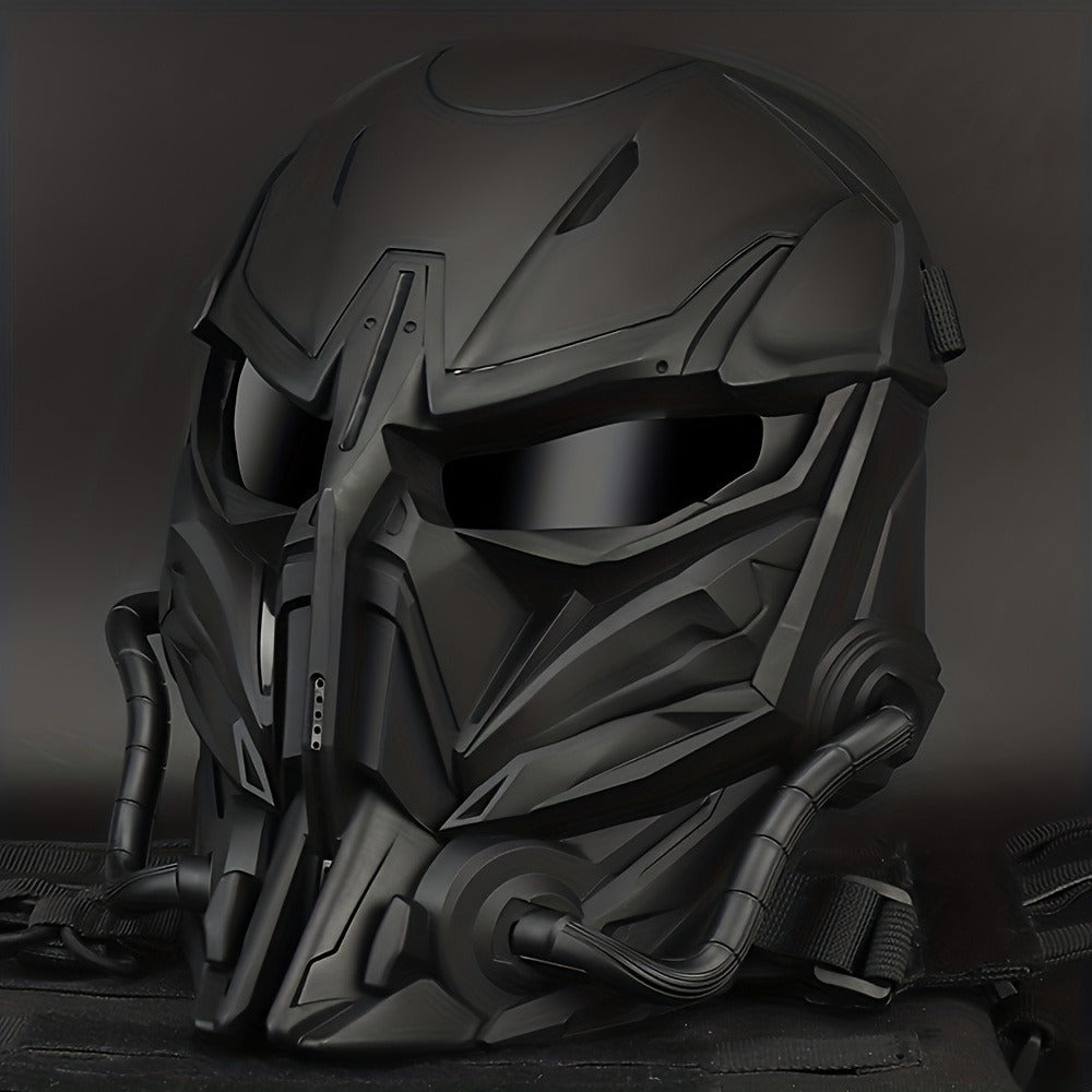 Silver-Plated Mechanical Costume Mask with Full-Face Sci-Fi Design and Sculpted Black Interior
