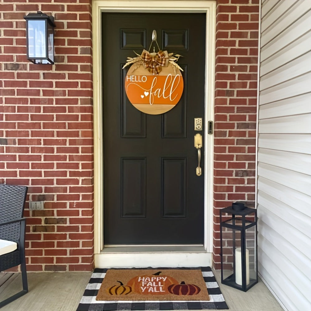 Hello Fall Pumpkin Door Hanger with Wheat Sprays, Layered Bow and 11.8-Inch Round Wood-Look Sign