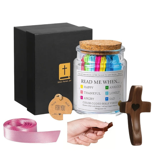 Bible Verse Jar with Handmade Wooden Cross 92 Scripture Cards Christian Gift Set for Women – Easter, Christmas, Birthday, Father’s Day & Graduation