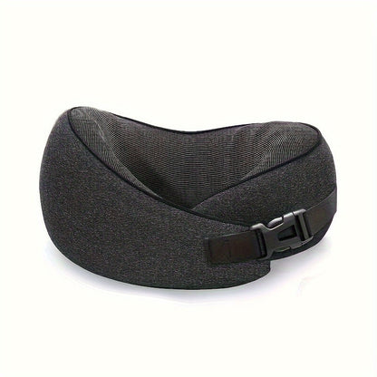 Black Memory Foam Travel Neck Pillow with Front Buckle, 23 × 15 × 28 cm Label, Removable Cover and Carry Bag