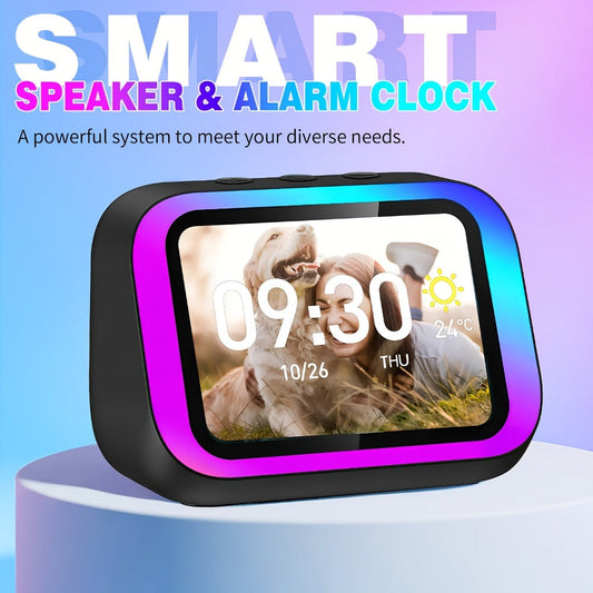 Smart Alarm Clock with AI Voice Assistant & Wireless Speaker - Dynamic RGB Light, Hi-Fi Stereo Sound, HD Display, Answer Calls, Period Tracker, 2500mAh Battery, Portable Bedside Charging Clock