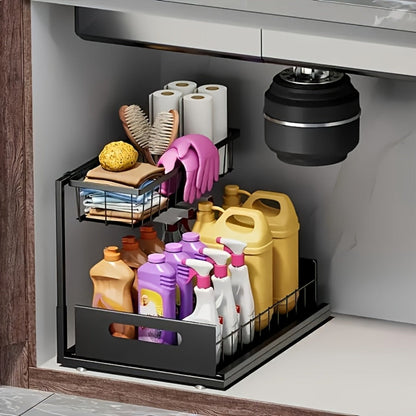 Two-Tier Pull-Out Under-Sink Cabinet Organizer with Six Exact Black, White or Grey Pack Options