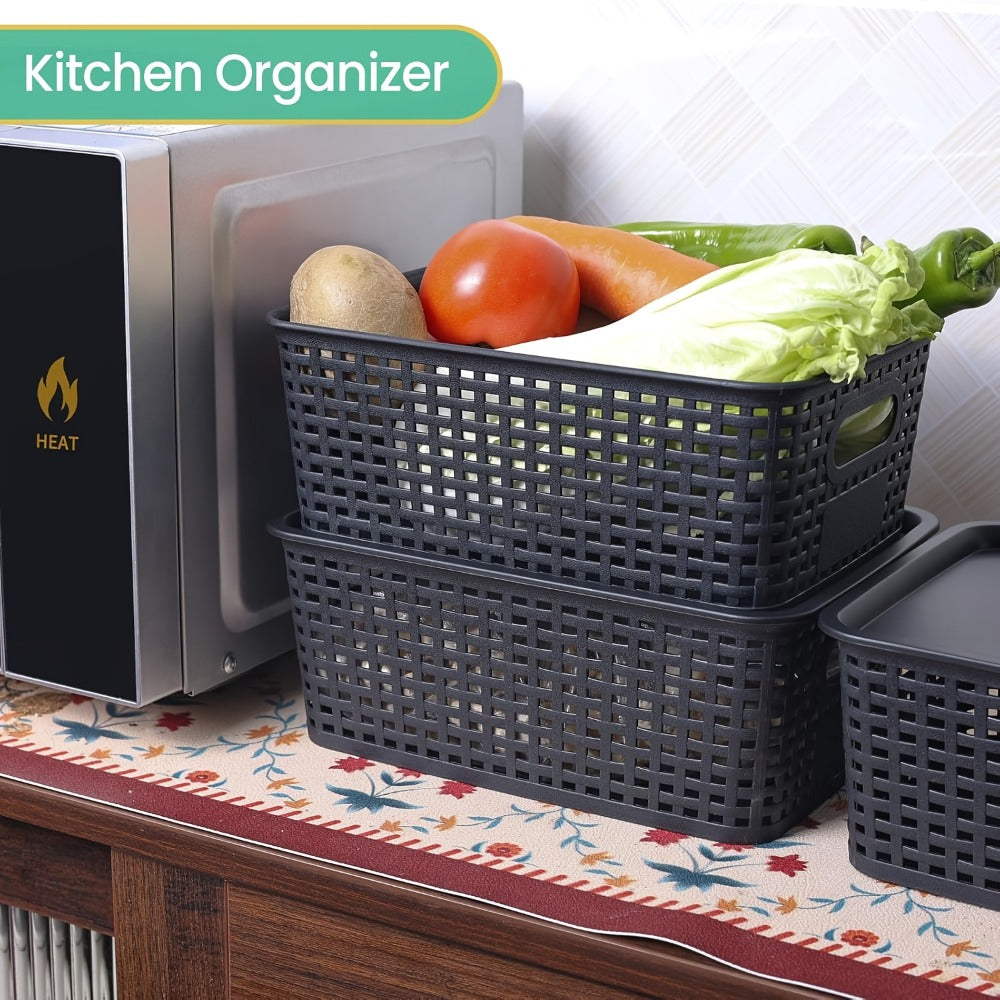 Storage Organizer Bins with Lids 4/8 Pack | Space-Saving Stackable Boxes 10"x7"x4" for Shelves, Closet & Desk - Declutter Bins for Dorm, Playroom & Office with File Organizer Bag, White Black Gray Red