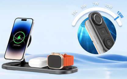 Samsung & iPhone 3-in-1 Wireless Charging Station Foldable 15W Fast Charger for iPhone 17/16/15/14/13/12, Apple Watch Ultra 2/Series 10/9/SE, AirPods Pro 4/3/2 & Samsung Galaxy S25/S24/S23 – 4 Colors Black Gold Silver Blue