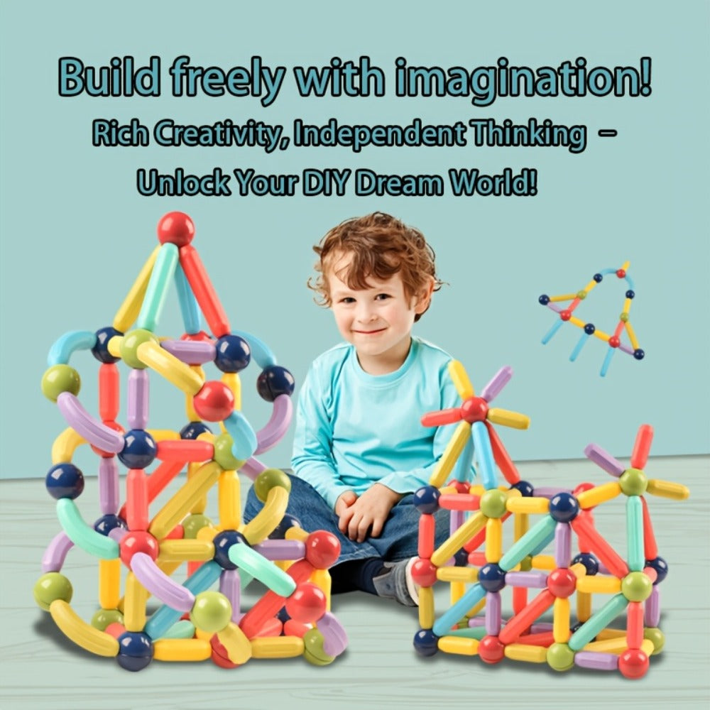 62-Piece Magnetic Stick and Ball Building Set with Multicolor Curved Rods and Round Connectors