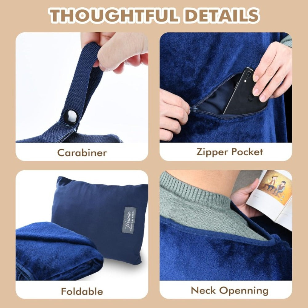 Royal Blue 4-in-1 Travel Blanket with Zipper Bag, Poncho, Pillow and Lumbar Support Format, 40 x 60 Inches