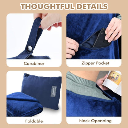 Royal Blue 4-in-1 Travel Blanket with Zipper Bag, Poncho, Pillow and Lumbar Support Format, 40 x 60 Inches