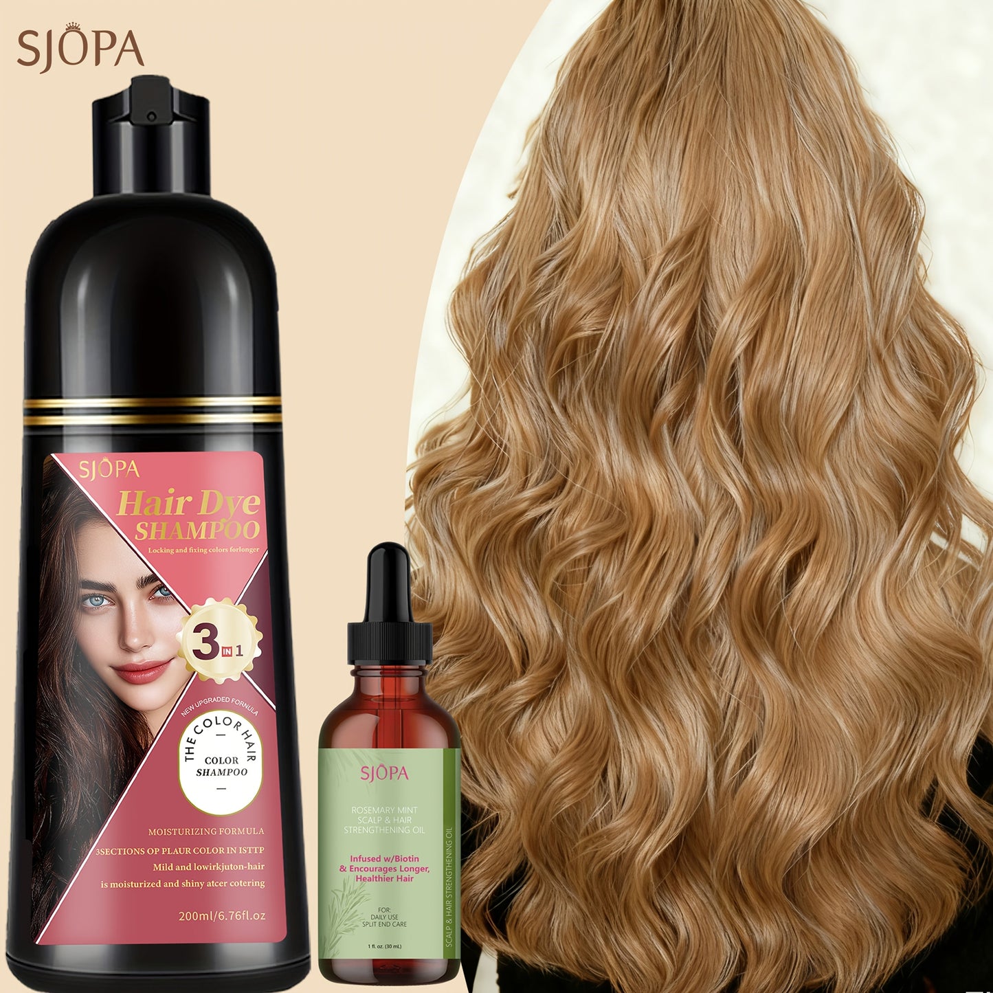 Hair Color Shampoo, SJOPA 3-in-1 Bottle-and-Dropper Set with 10 Rose, Brown, Purple and Black Color Options
