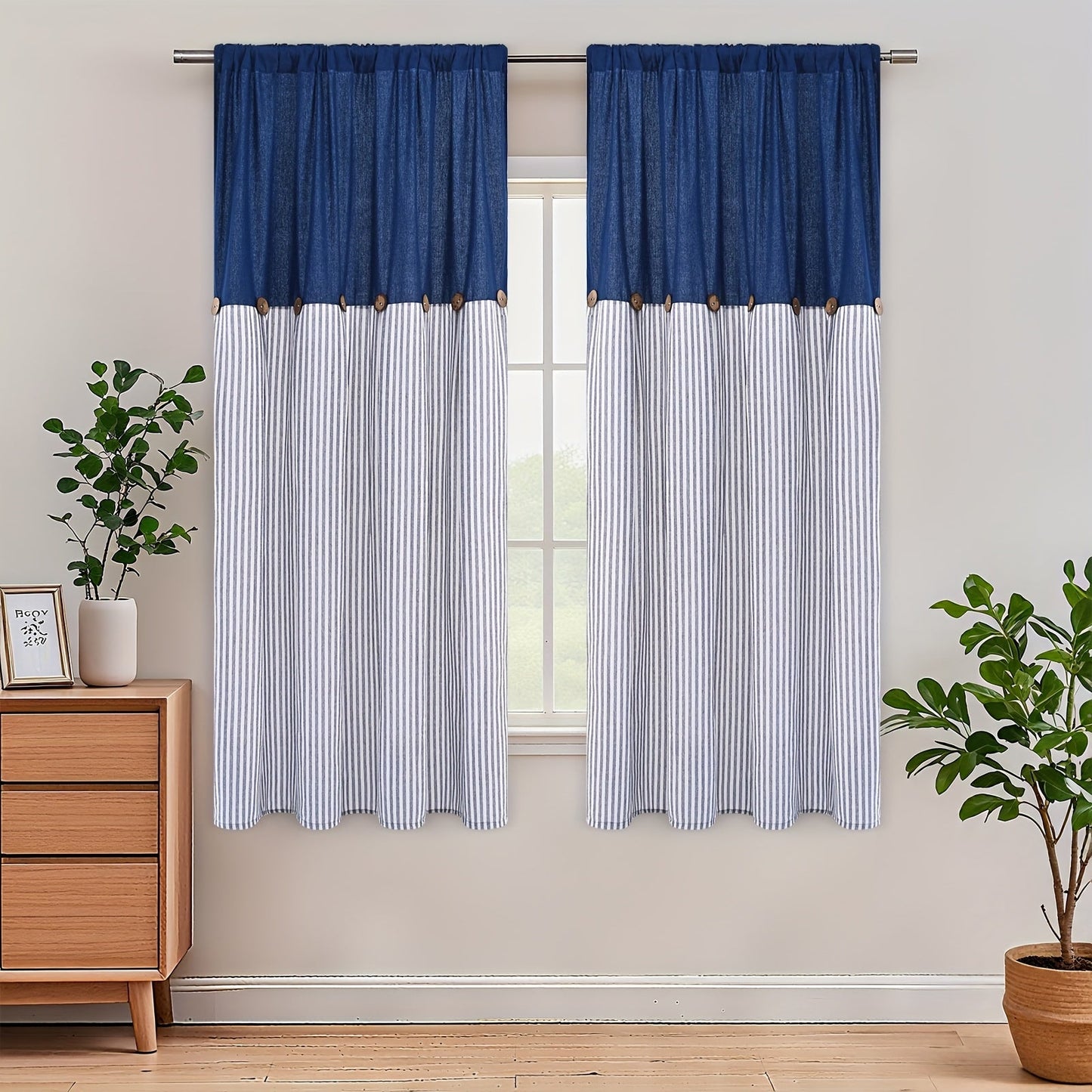 Striped Patchwork Window Curtain Set with Rod-Pocket Top, Six Colors and Five Panel-Count or Size Options
