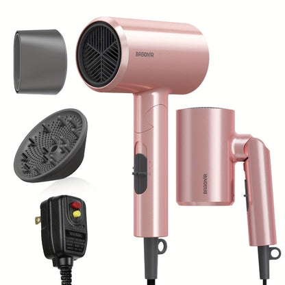 1875W Ionic Travel Hair Dryer Foldable with Diffuser & Concentrator Nozzle — Brushless Motor, 3 Heat Settings, 2 Speeds, Fast Drying Compact Blow Dryer for All Hair Types, Pink or Gray