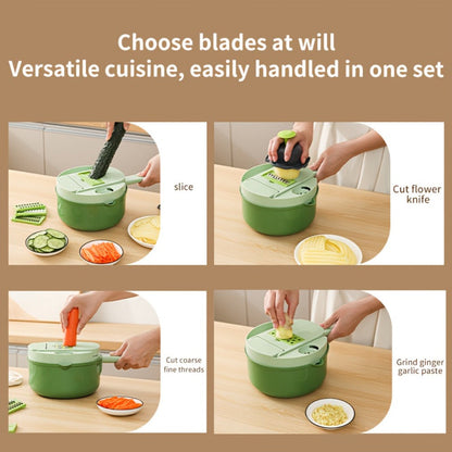 16-in-1 Green Vegetable Chopper with Round Container, Grid Dicing Plates, Slicer, Grater and Peeler Pieces